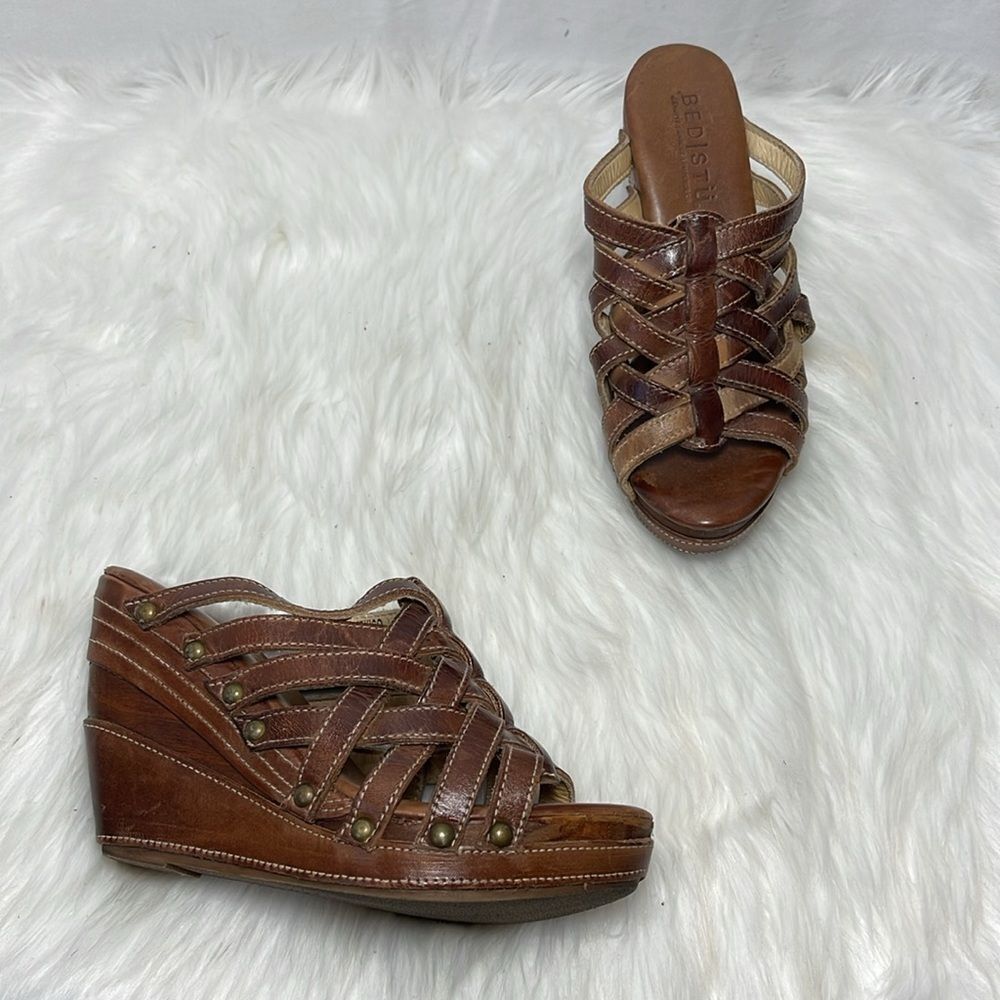 Bed Stu Gina II Multi-Tonal Brown‎ Leather Strappy Wedge Clog  Mules Sz 7